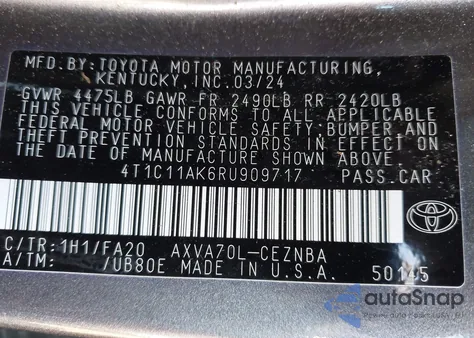 2024 Toyota Camry Le from USA, damaged, VIN 4T1C11AK6RU909717